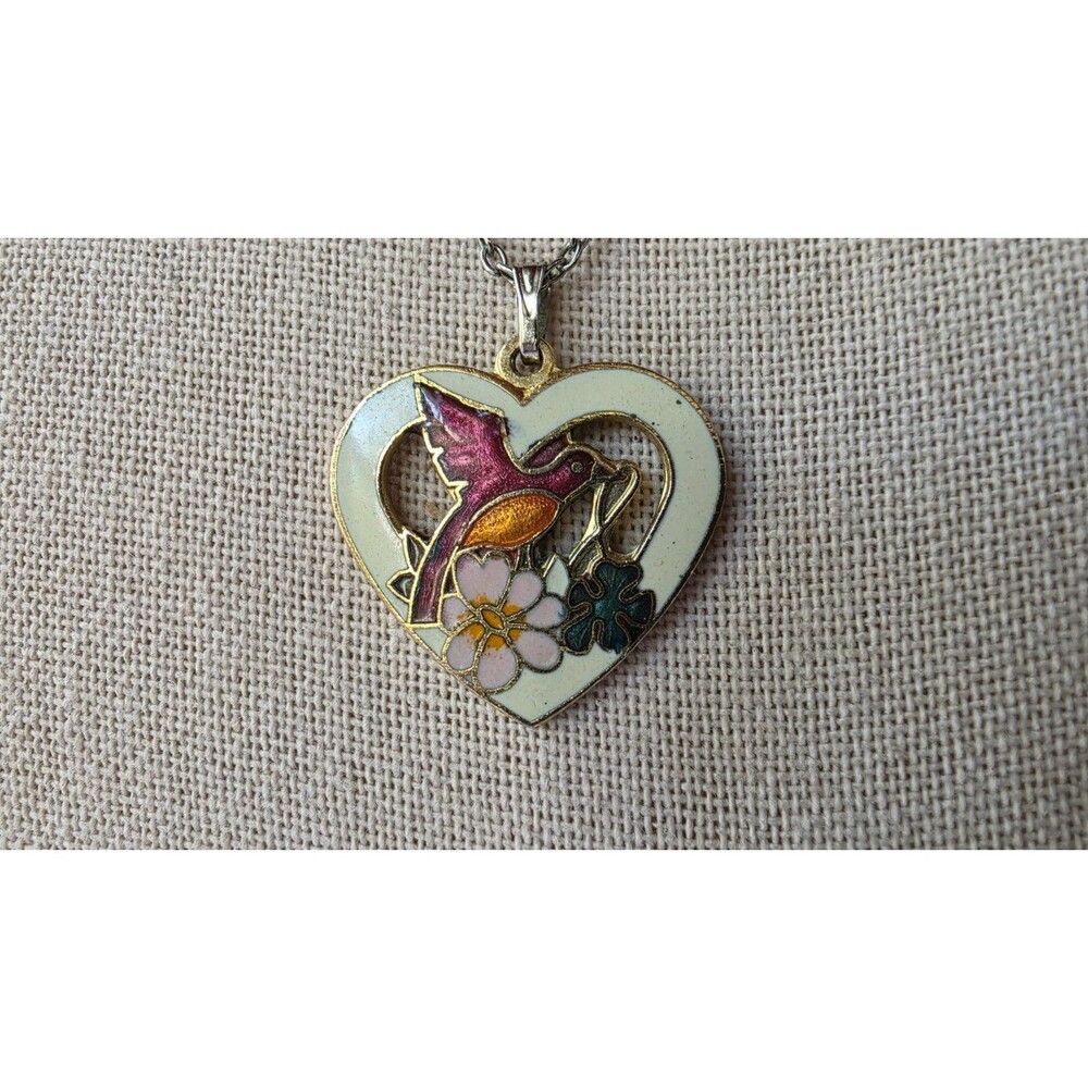 Cloisonne Hummingbird & Floral Pendant Necklace Vintage Costume Jewelry READ